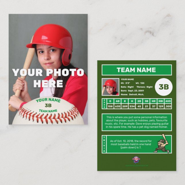 Cartão De Contato Placa de Negociação de Baseball em Verso - Estatís (Frente/Verso)