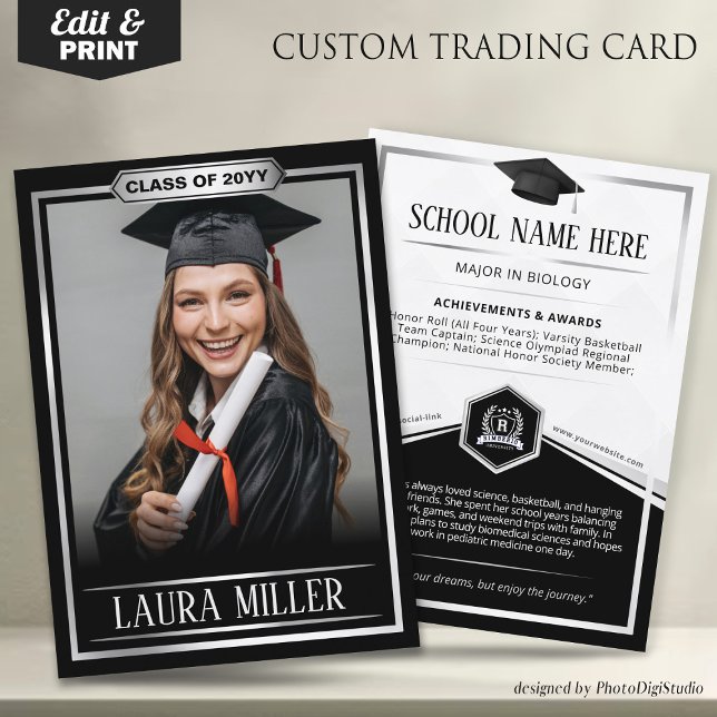 Cartão De Contato Placa de Negociação de Formando Personalizada Prat (Editable Graduate Trading Card, Elegant Black Silver Card, Custom Trading Card for Graduation)