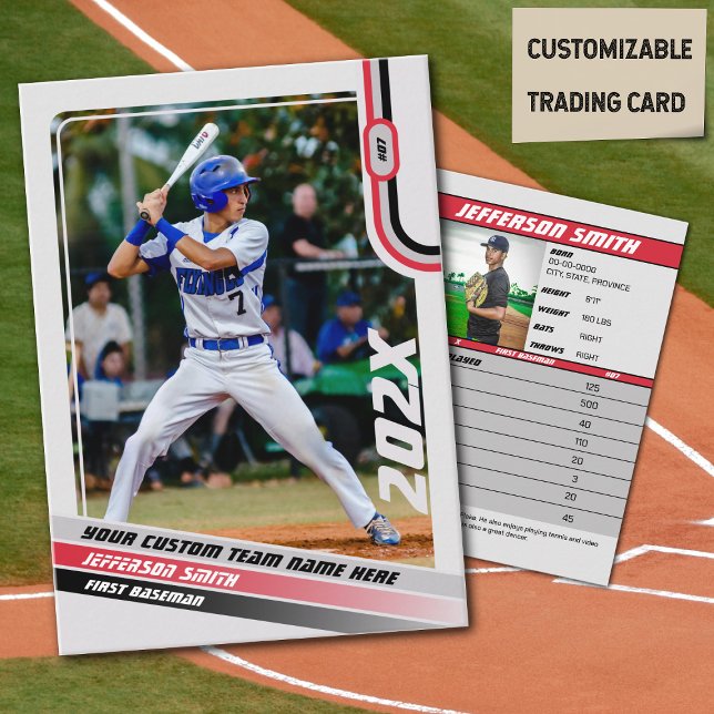 Cartão De Contato Placa de Negociação do Baseball com Cinza Vermelha (Baseball Player Trading Card in Light Grey with Custom Team Name and Red and Black Elements)