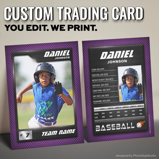 Cartão De Contato Placa PRO Baseball com Placa de Negociação de Joga (Custom Baseball Trading Card, Purple PRO Stats Player Card)