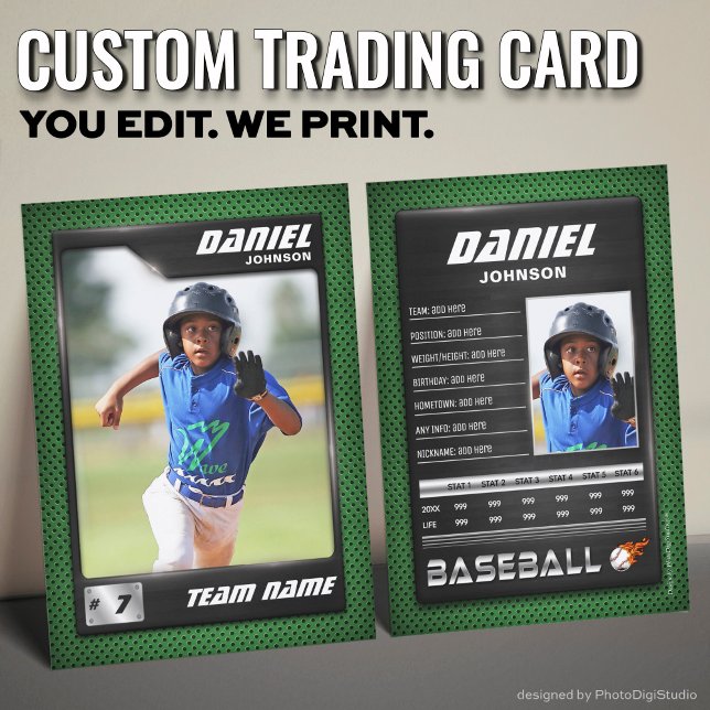 Cartão De Contato Placa PRO Baseball com Placa de Negociação de Joga (Custom Baseball Trading Card, Green Gray PRO Stats Player Card)