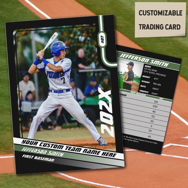 Cartão De Contato Presente Verde Personalizado do Placa de Negociaçã (Baseball Player Trading Card in Black with Custom Team Name and Green White Elements)