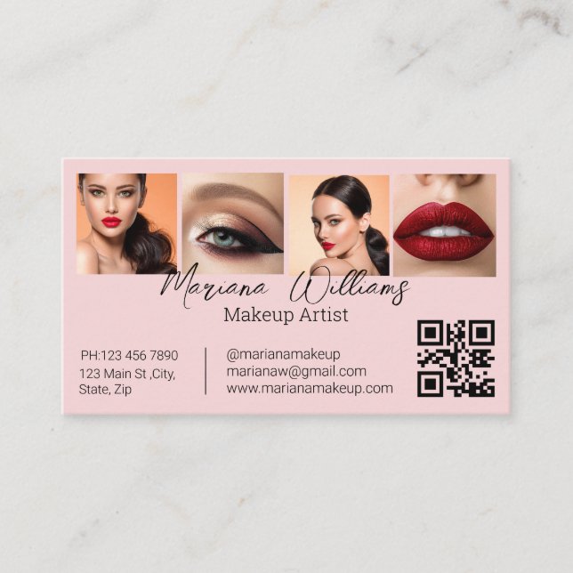 Cartão De Contato qr code makeup artist 4 photos pink business (Frente)
