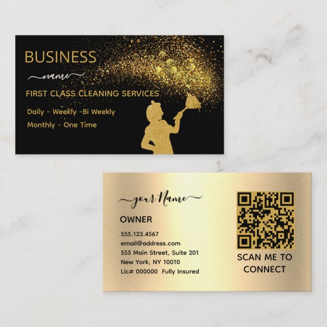 Cartão De Contato QrCode Cleaning Service Maid Gold Glitter Business (Frente/Verso)