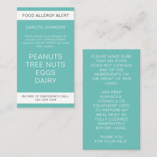 Cartão De Contato Red Restaurant Allergy Alert Kid's Ca