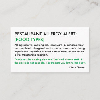 Cartão De Contato Restaurante de alergia de comida e placa ICE