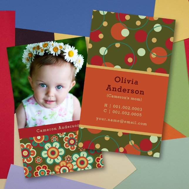 Cartão De Contato Retro Daisy Blooms E Dots - Mamãe De Foto Padrão (Criador carregado)