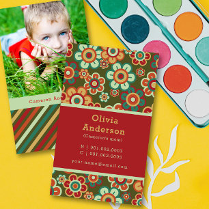 Cartão De Contato Retro Daisy Floresce e Listras Padrão Foto Mamãe