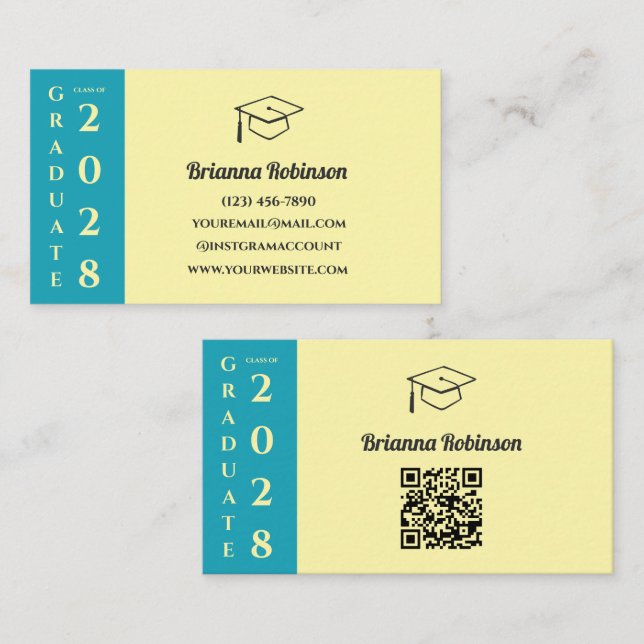 Cartão De Contato Soft Yellow Modern Graduation QR Code Name Card (Frente/Verso)
