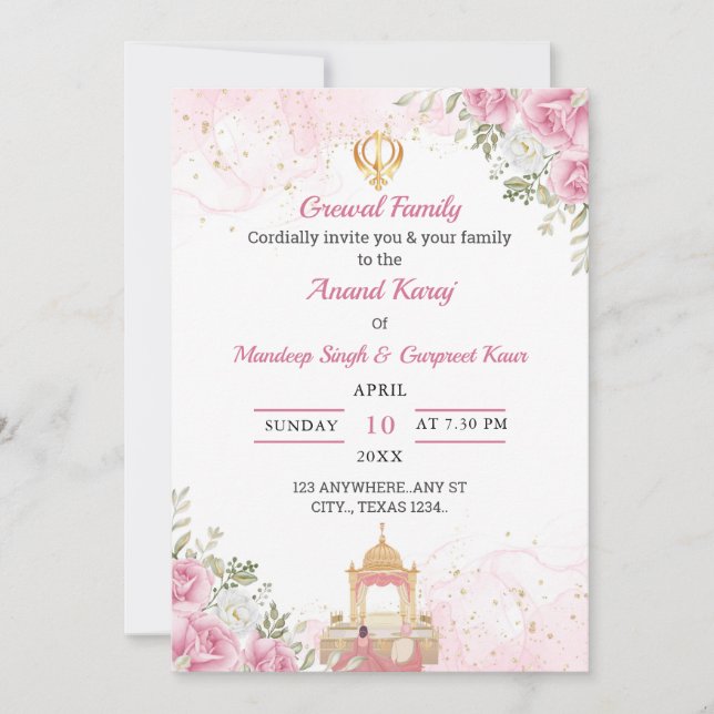 Cartão de convite Anand Karaj com flores rosa (Frente)