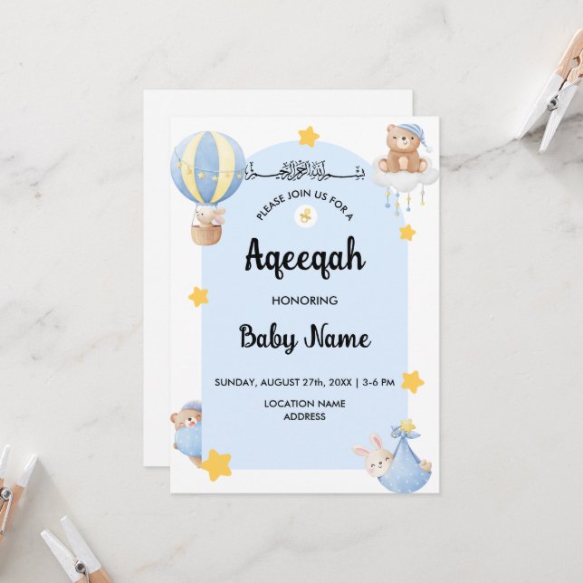 Cartão de Convite Aqeeqah Aqiqah Instantâneo Azul (Frente/Verso In Situ)
