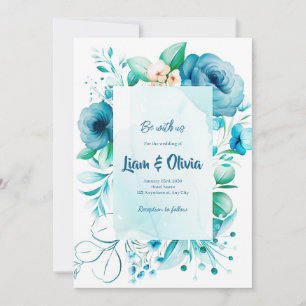 Cartão de Convite Azul de Casamento Floral de Aqua
