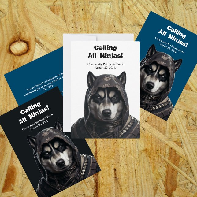 Cartão de Convite Cachorro Husky Ninja Preto e Bra (Criador carregado)