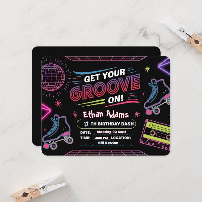 Cartão de Convite de Aniversário do Tema Neon (Frente/Verso In Situ)