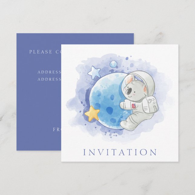 CARTÃO DE CONVITE DE ANIVERSÁRIO: KOALA NA LUA (Frente/Verso)