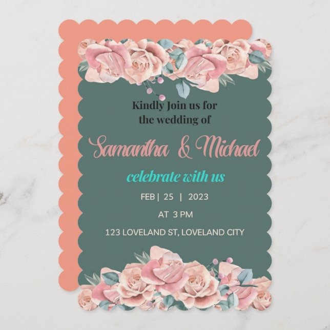 Cartão de convite de casamento adornado com flores (Frente/Verso)