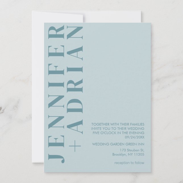 Cartão de convite de casamento azul pastel minimal (Verso)