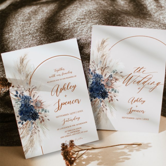 Cartão de Convite de Casamento Boho Navy Pampas (Boho Navy Pampas Wedding Invitation Card)