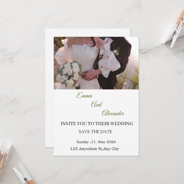 Cartão de Convite de Casamento com Data de Guarda  (Frente/Verso In Situ)