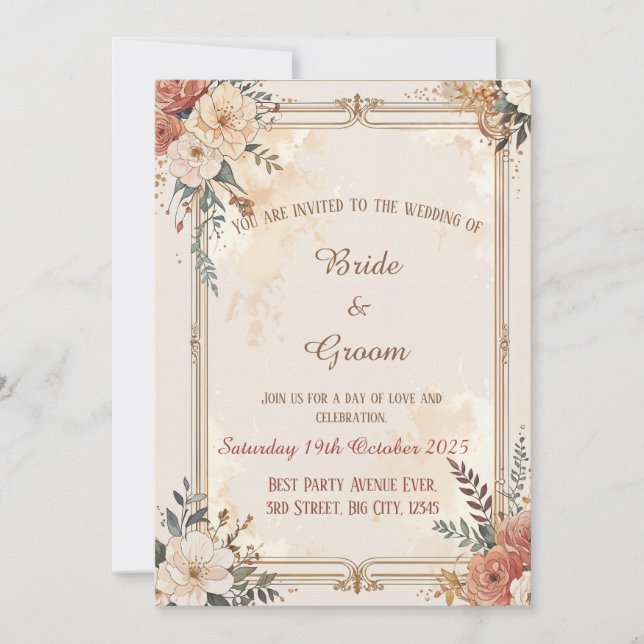 Cartão de Convite de Casamento com Detalhe de Flor (Frente)