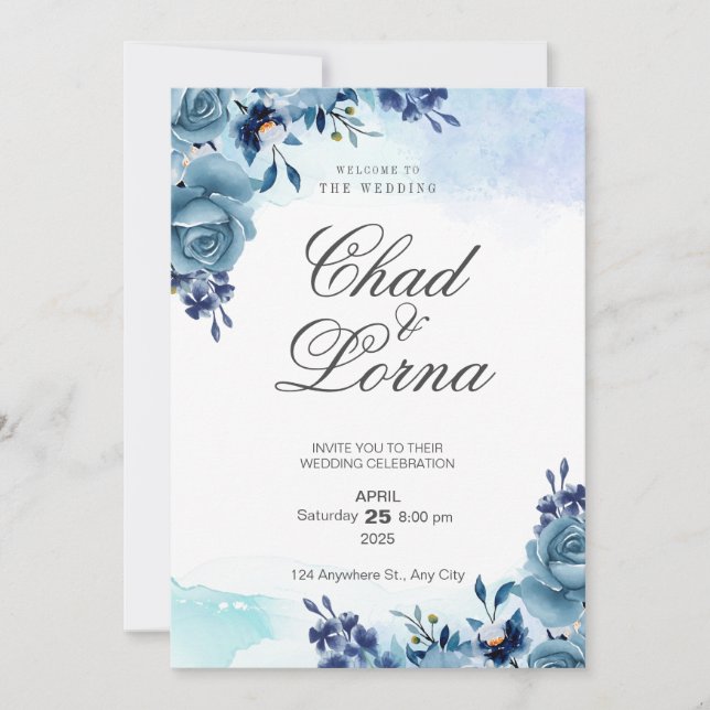cartão de convite de casamento com flores de aquar (Frente)