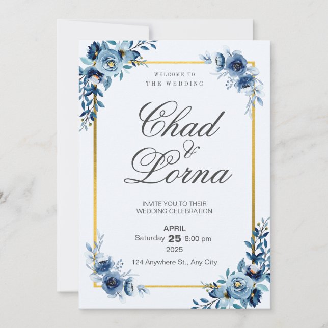 cartão de convite de casamento com flores de aquar (Frente)