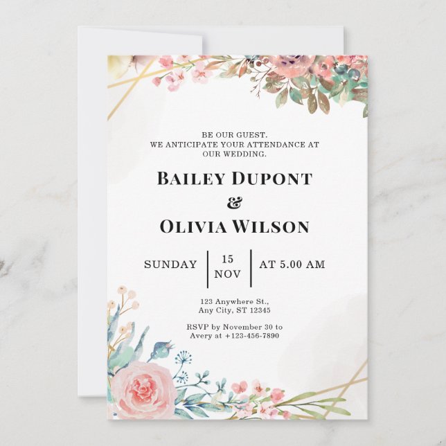 Cartão de Convite de Casamento Floral em Aquarela  (Frente)