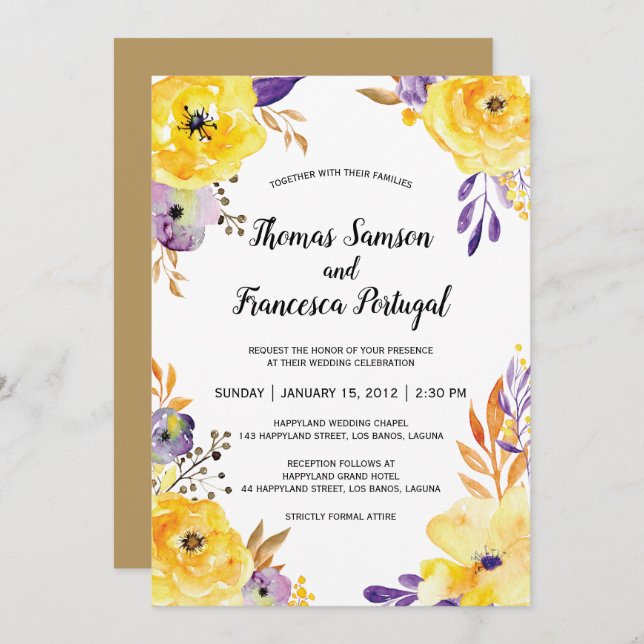 Cartão de Convite De Casamento Floral Por Aquarela (Frente/Verso)