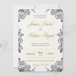 Cartão de Convite de Casamento Floral Preto e Dour