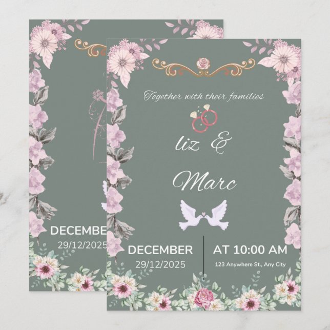 Cartão de Convite de Casamento Floral Verde Sage (Frente/Verso)