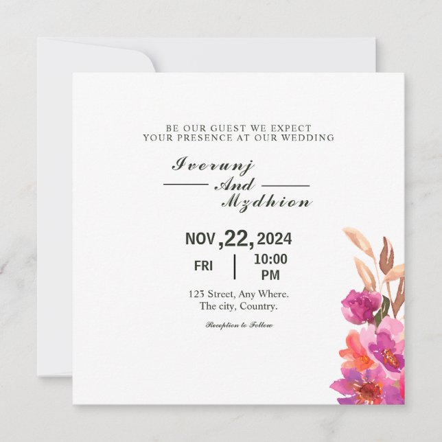 Cartão de Convite de Casamento Flores de Quadrado (Frente)