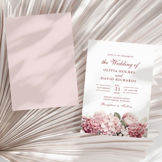 Cartão de Convite de Casamento Hortênsia Rosa Empo (Modern Dusty Rose Hydrangea Wedding Invitation on a sunny neutral dry palm leaf.)