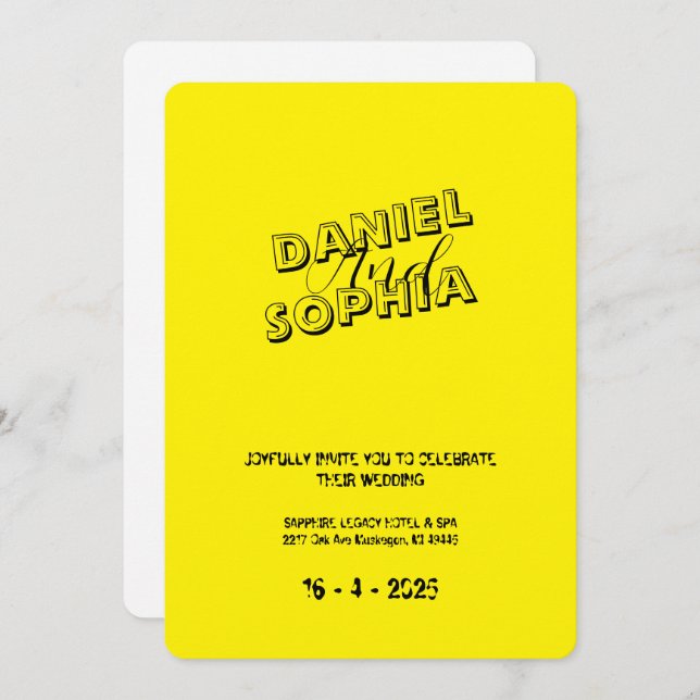 Cartão de convite de casamento retrô amarelo (Frente/Verso)