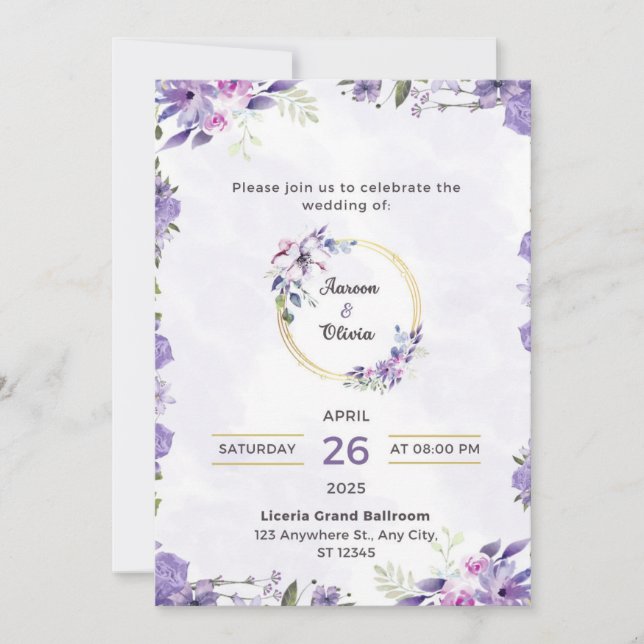 Cartão de convite de casamento roxo-floral plano (Frente)