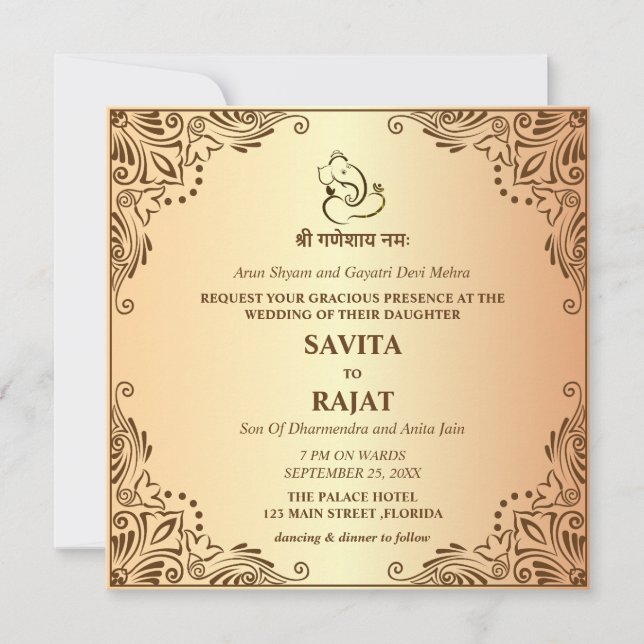 Cartão de Convite de Casamento Tradicional Indiano (Frente)
