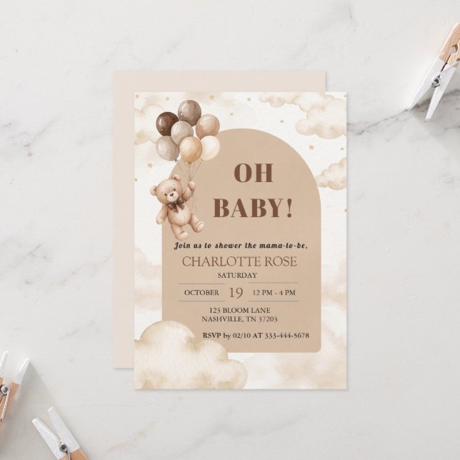 Cartão de Convite de Chuveiro de Bebê Urso Teddy N (Frente/Verso In Situ)