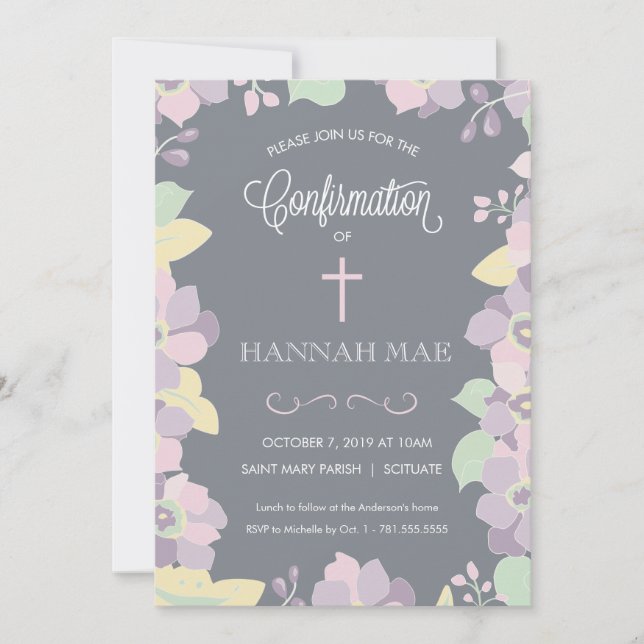 Cartão de Convite de Confirmação com Flores e Cruz (Frente)