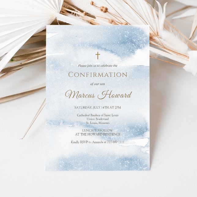 Cartão de Convite de Confirmação de Menino com Aqu (Blue Watercolor Boy Confirmation Invitation Card)