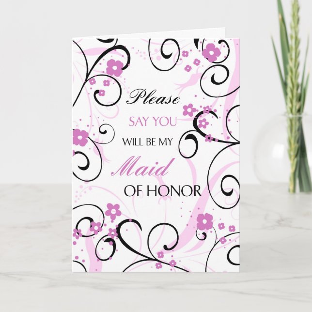Cartão de Convite de Dama de Honra Floral Preto e  (Frente)