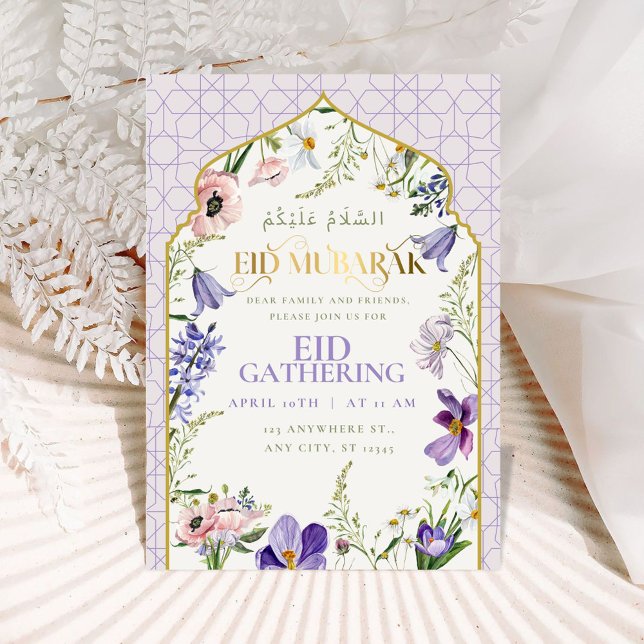 Cartão de Convite De Eid Floral Purple Lilac (Celebrate the joy of Eid with our exquisite lilac floral invitation. )