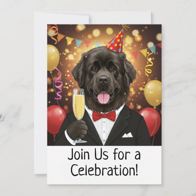 Cartão de Convite de Festa com um Cão Terra-Nova (Frente)