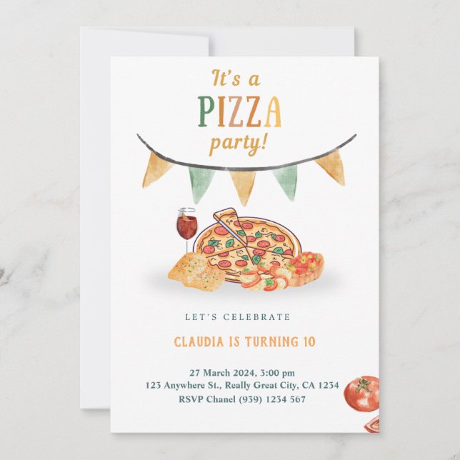 Cartão de Convite de Festa de Pizza Moderna Estéti (Frente)