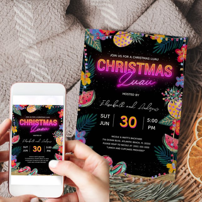 Cartão de Convite de festas Neon Christmas Luau (Neon Christmas Luau Party Invitation Card)