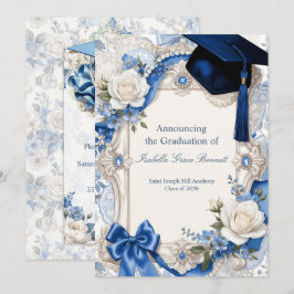 Cartão de Convite de Formatura Floral Azul e Branc
