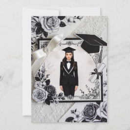 Cartão de Convite de Formatura Preto e Branco Eleg