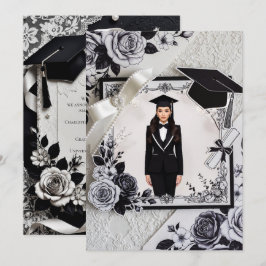 Cartão de Convite de Formatura Preto e Branco Eleg