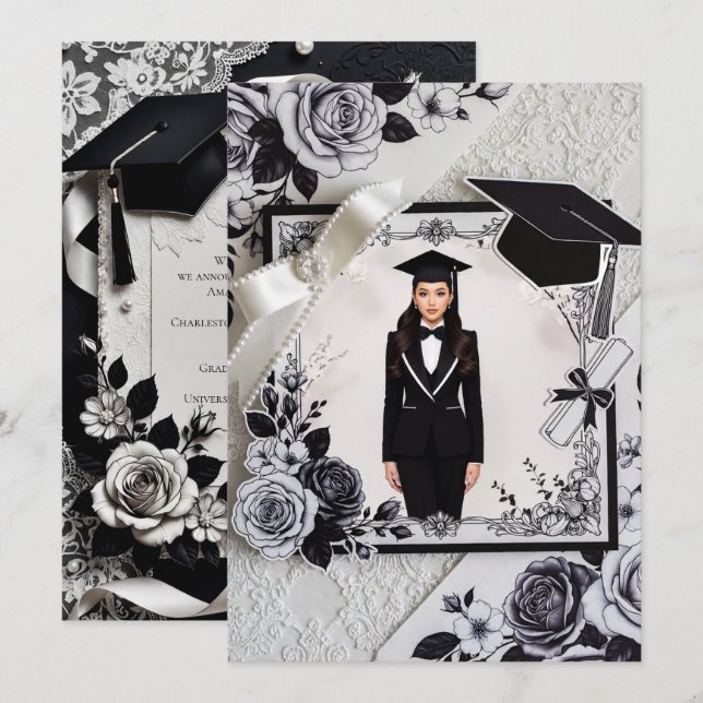 Cartão de Convite de Formatura Preto e Branco Eleg (Frente/Verso)