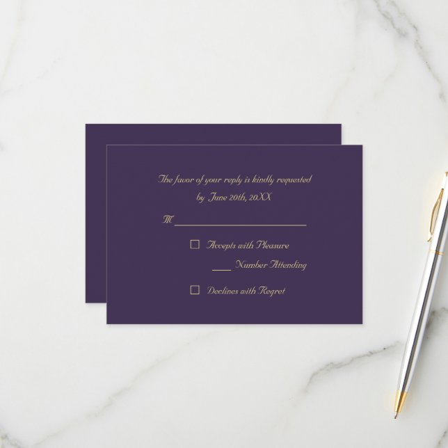 Cartão de Convite de RSVP Elegante de Ouro Roxo (Frente/Verso In Situ)