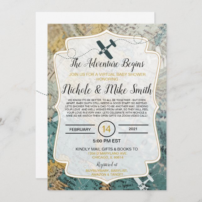 Cartão de convite do chá de fraldas de Tema viagem (Frente/Verso)