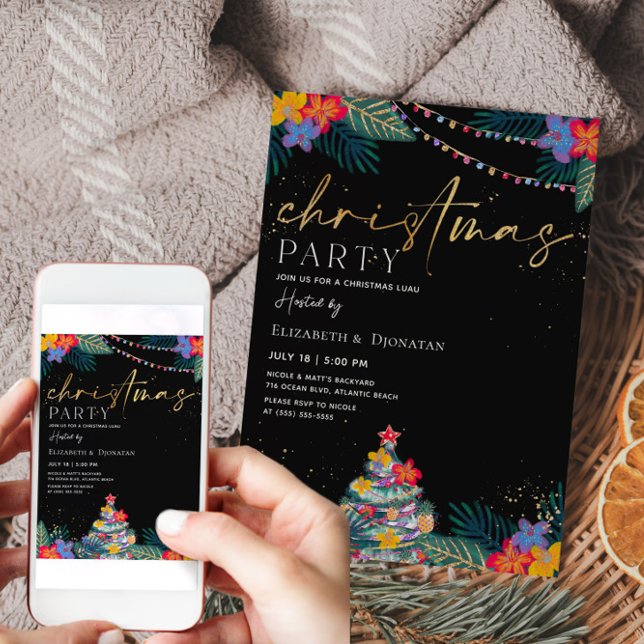 Cartão de Convite Dourado para Literatura de Natal (Tropical Christmas Invitation)